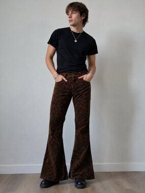 Run & Fly Made in UK Brown Paisley Corduroy Flare Pants Size 30R